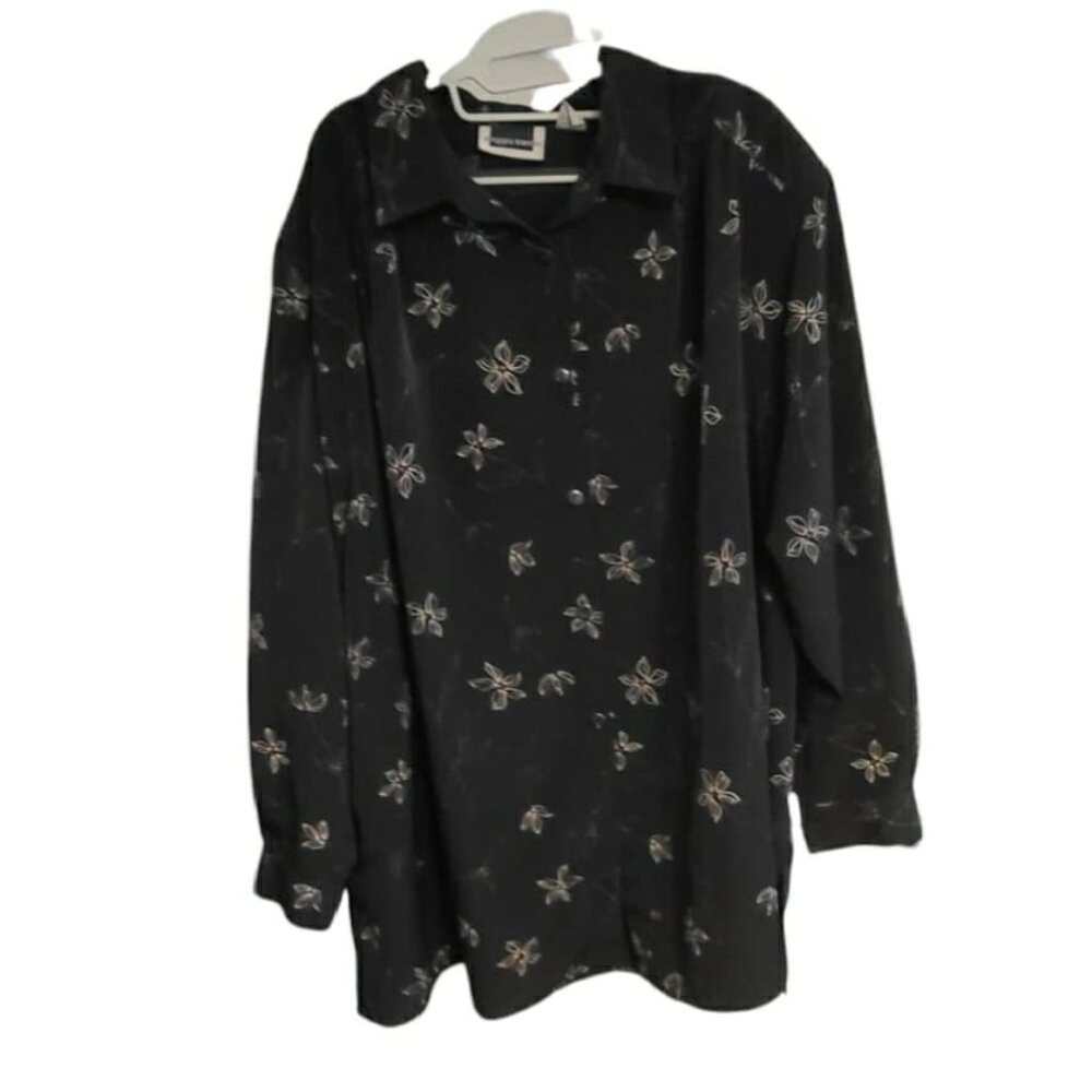 Maggie Barnes Top Long Sleeve Blouse Button Up Shirt Black Floral Plus Size 3X